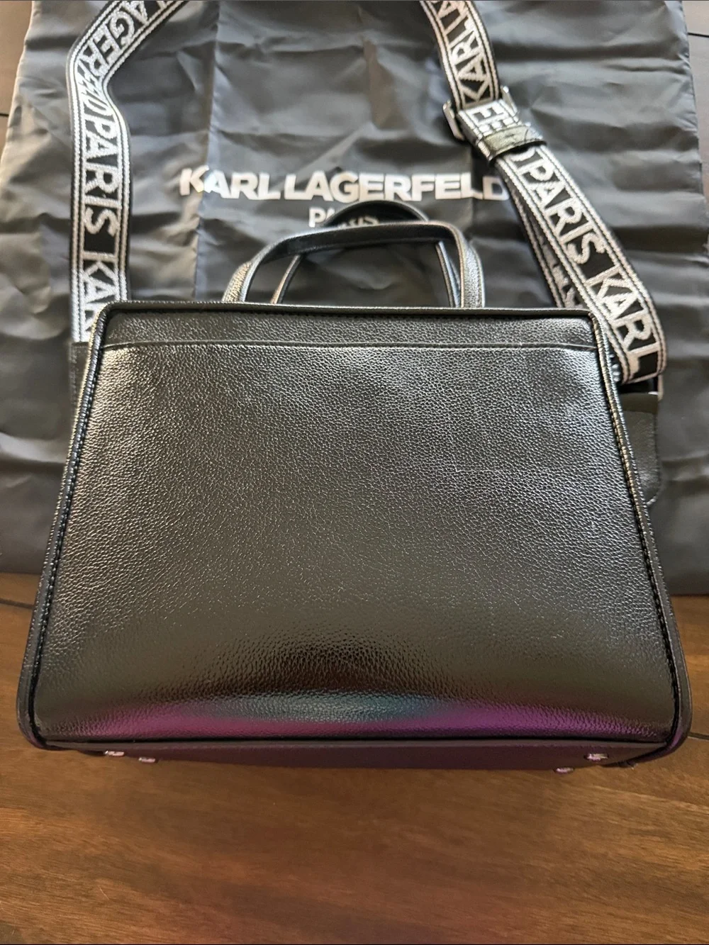 Karl Lagerfeld Black Crystal-Embellished Satchel with Branded Strap